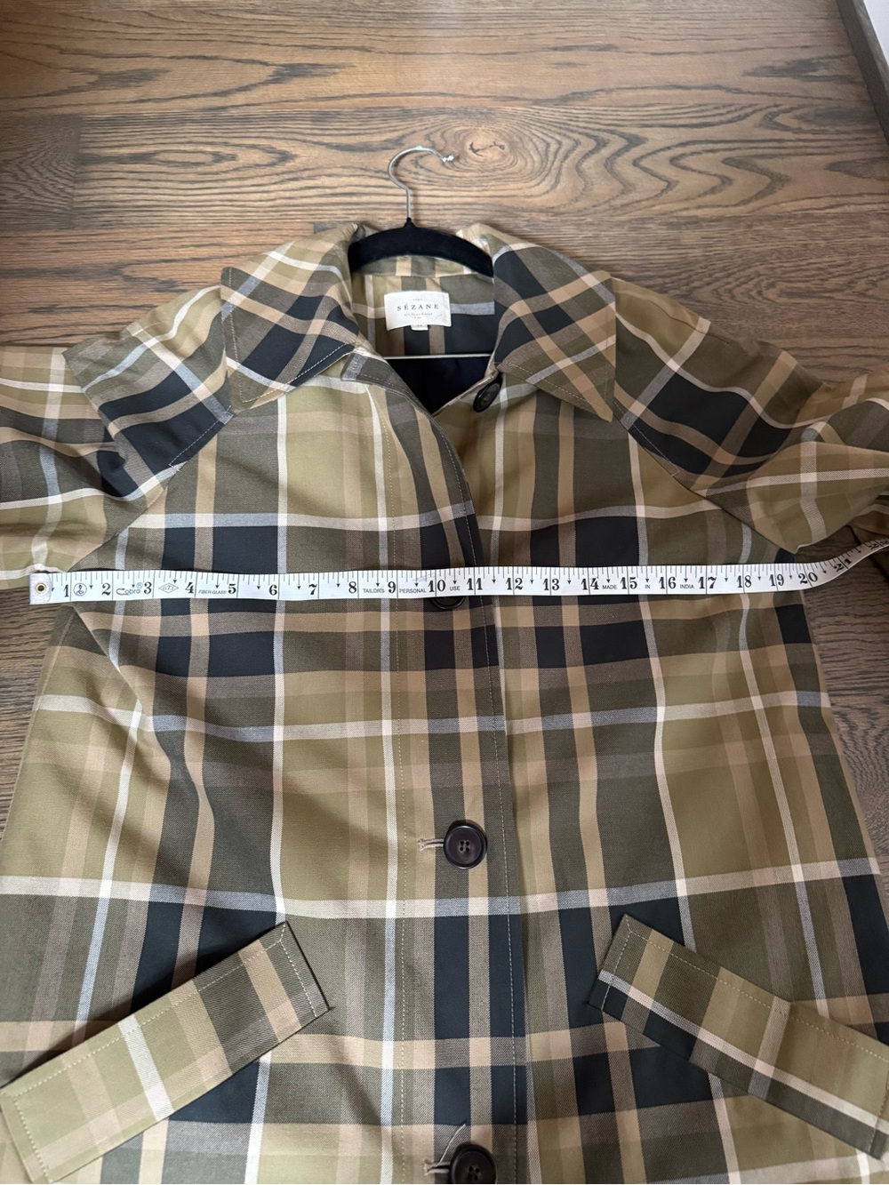 Sezane Clyde Plaid Long Trench Coat in Beige and Moss Green Checks, size 34. - Picture 9 of 10